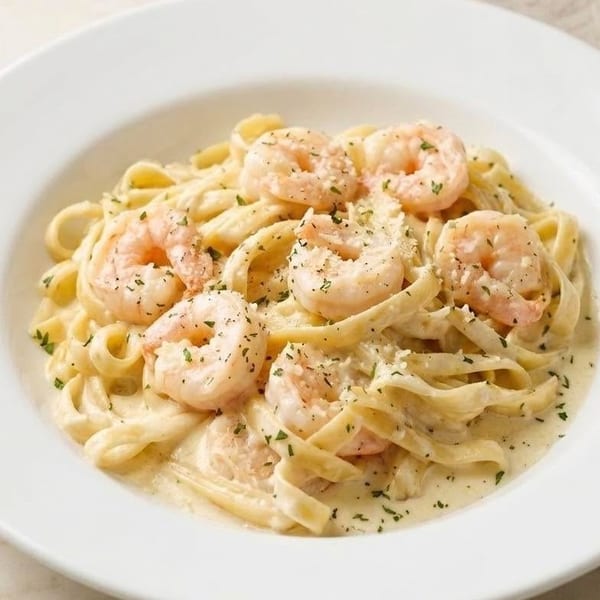 Creamy shrimp fettuccine alfredo pasta, garnished with parsley and parmesan cheese in a white bowl.